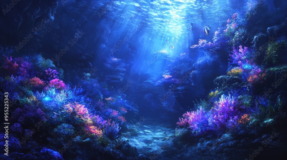 Fototapeta premium Luminous Underwater Kingdom: Digital Painting of Glowing Coral Reefs