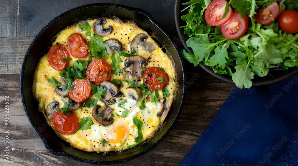 Freshly Prepared Vegetable Omelet in Cast Iron Skillet on Rustic Wooden Table Freshly Prepared Vegetable Omelet in Cast Iron Skillet on Rustic Wooden Table