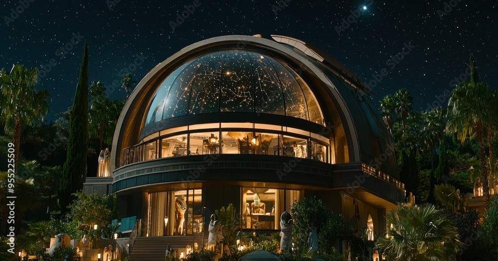 Obraz premium A stunning luxury dome mansion illuminated under a starry night sky, surrounded by lush greenery and elegant design features.