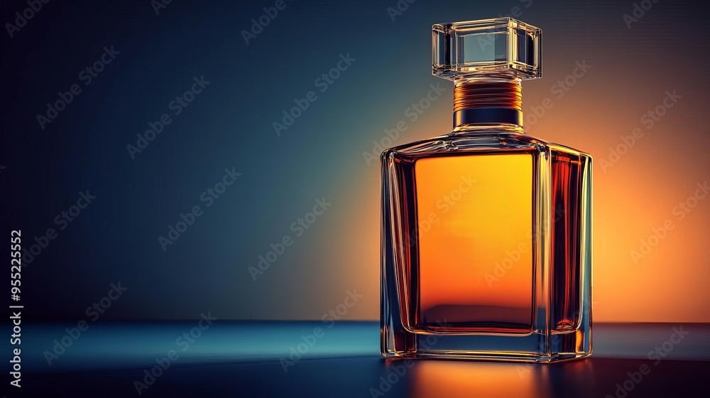 Square-shaped bottle with embossed logo, gradient background of midnight blue and bright orange, have large negative space for text, dramatic lighting and high resolution Square-shaped bottle with embossed logo, gradient background of midnight blue and bright orange, have large negative space for text, dramatic lighting and high resolution