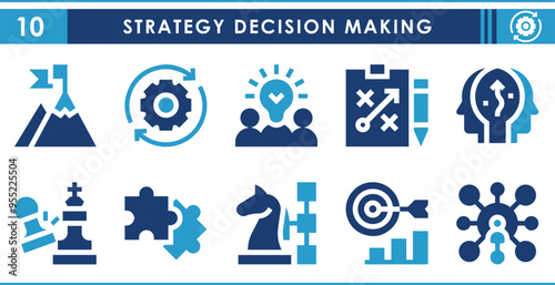 A set of solid icons related to STRATEGY DECISION MAKING. Strategy, business, way, compete, idea, goal, target and so on. Vector flat icons set.