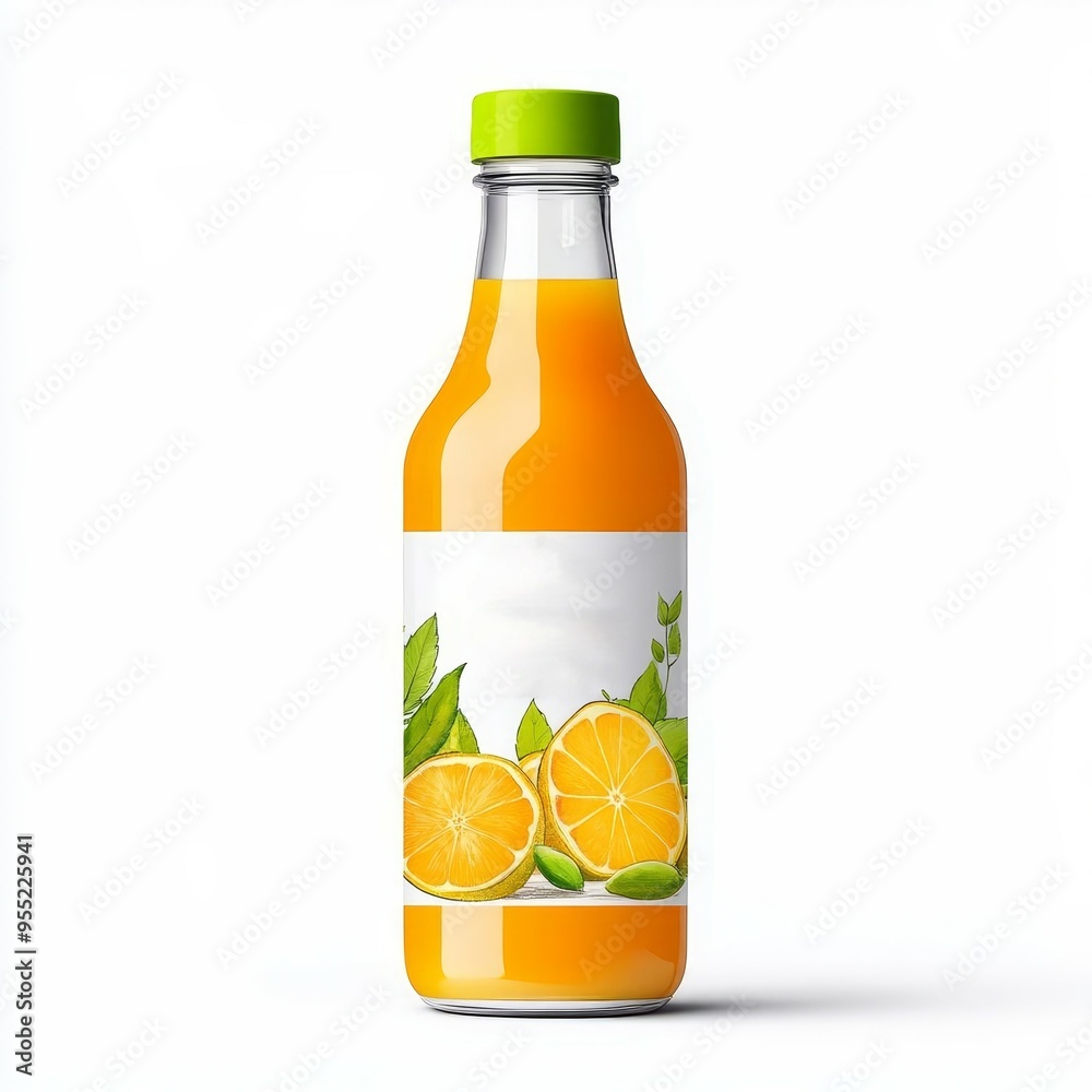 Glass bottle of orange juice with a green lid and label. Glass bottle of orange juice with a green lid and label.