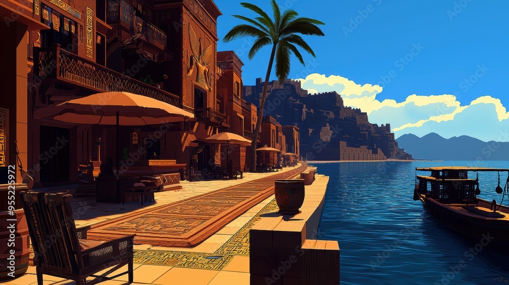 Fototapeta premium A vibrant waterfront scene featuring palm trees, cozy seating, and a serene atmosphere, ideal for relaxation and inspiration.