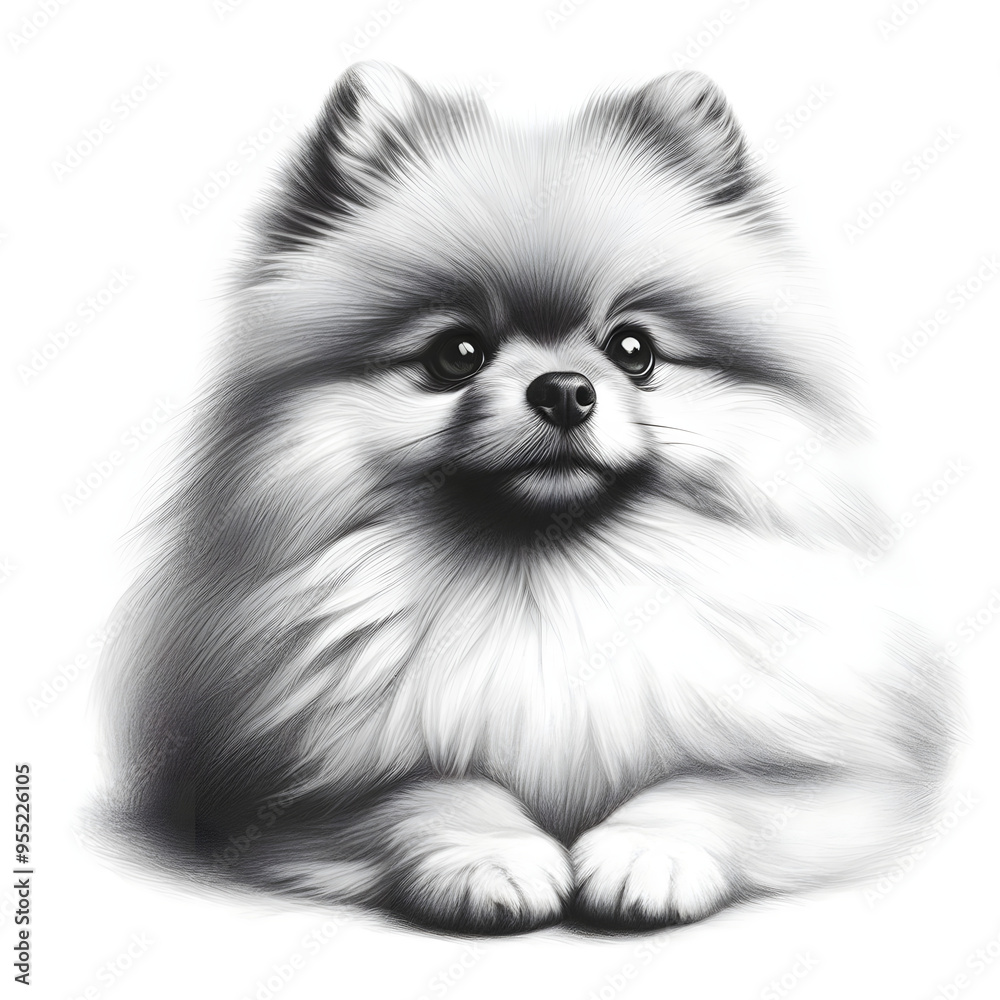 Obraz premium 흰 배경, 포메라니안, 펜슬 드로잉 (White background, Pomeranian, pencil drawing)