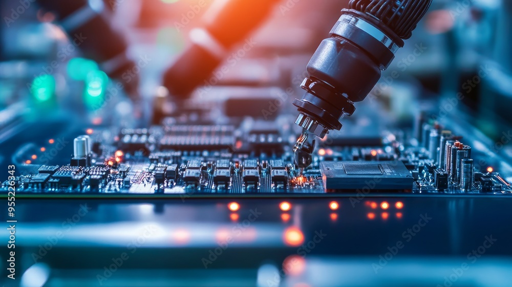 Bright Electronics Factory's fully automated modern PCB assembly line is outfitted with highly precise, advanced robot arms. Manufacturing of Electronic Devices Sector. Installing Components on a Circ