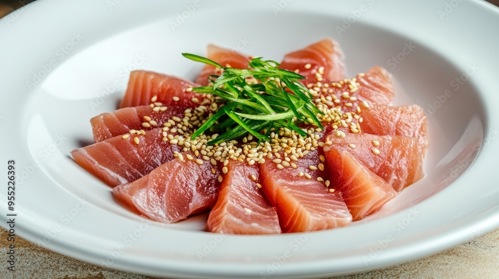 Sashimi with Sesame Seeds and Green Onions on a White Plate. Sashimi with Sesame Seeds and Green Onions on a White Plate.