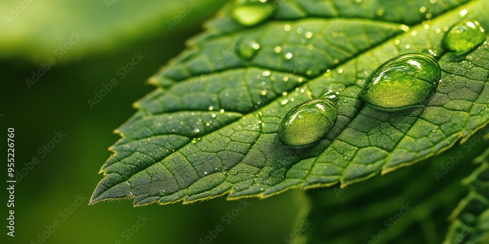 Macro shot of dewdrops on a green leaf, highlighting the fresh and vibrant texture, representing nature's purity and freshness, selective focus
Macro shot of dewdrops on a green leaf, highlighting the fresh and vibrant texture, representing nature's purity and freshness, selective focus