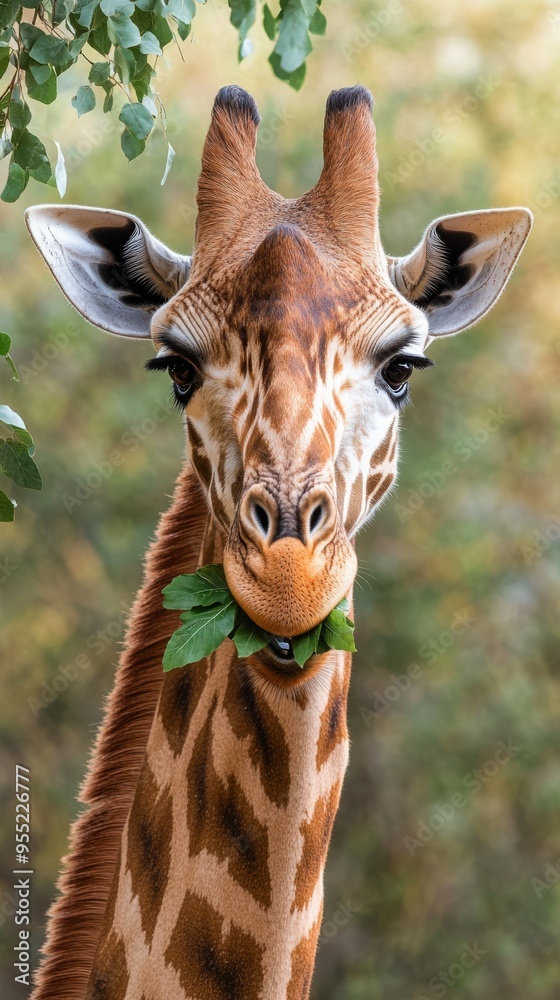 Obraz premium A close-up portrait of a giraffe enjoying a leaf, showcasing its unique patterns and gentle expression against a blurred background.