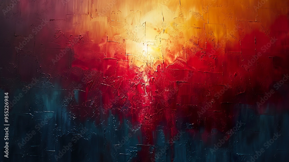 Fototapeta premium Abstract oil painting with red, orange, and blue colors.