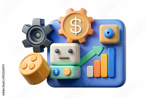 Futuristic AI Automation and Dollar Flow Frame Concept for Reduced Operational Costs - Stock Photo Illustrating Automation Symbols with Flowing Dollar Signs as Border Frame, Signifying Efficiency and 