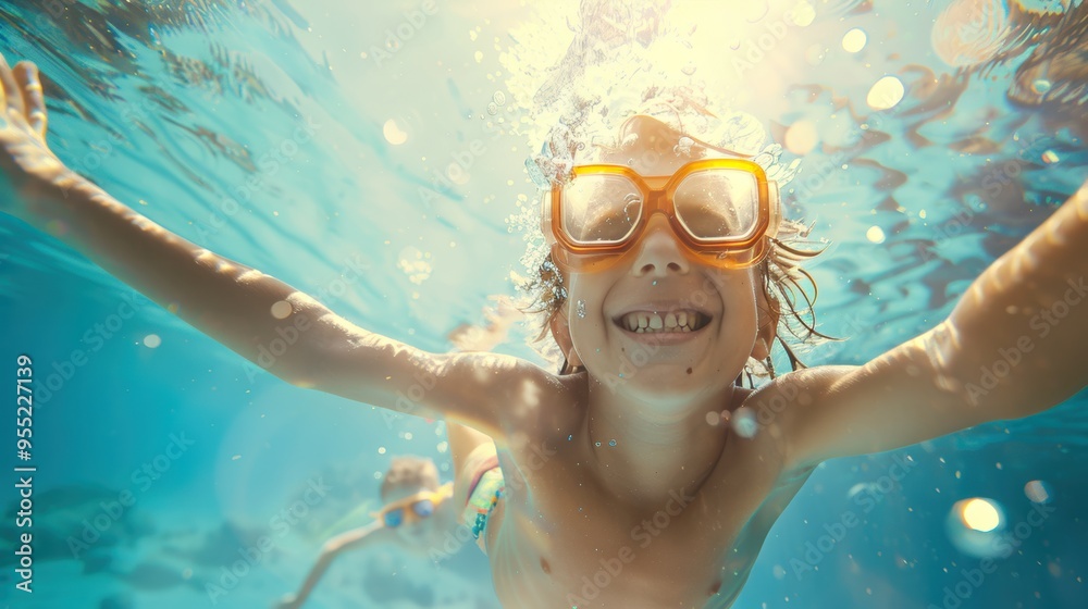 Fototapeta premium Cute smiling child having fun swimming and diving in the pool at the resort on summer vacation. Sun shines under water and sparkling water reflection. Activities and sports to happy kid