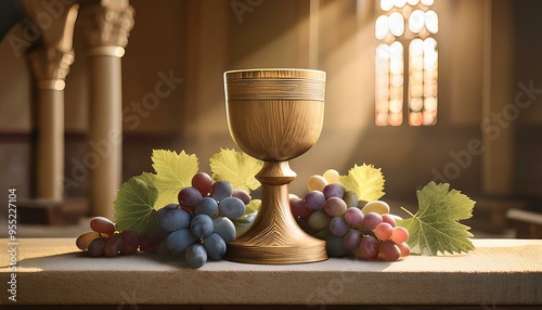 A simple yet beautiful wooden chalice holding the Eucharist wine, placed in the center  photo