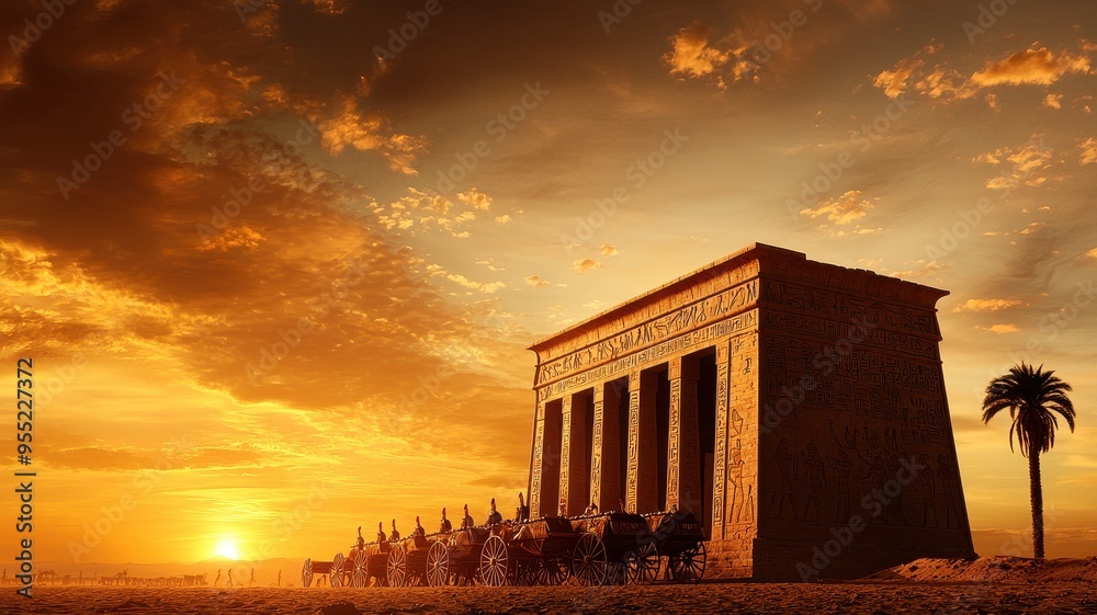 Obraz premium Sunset illuminates an ancient temple with majestic architecture, surrounded by a caravan against a dramatic sky.