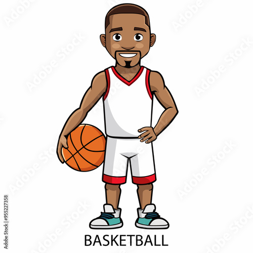 Athlete basketball player with ball isolated on white background in cartoon style. Vector illustration.