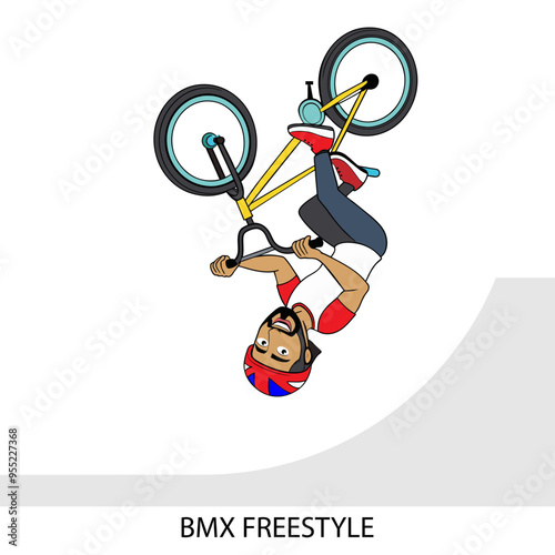 BMX freestyle athlete isolated on white background in cartoon style. Summer Games 2024. Vector illustration.