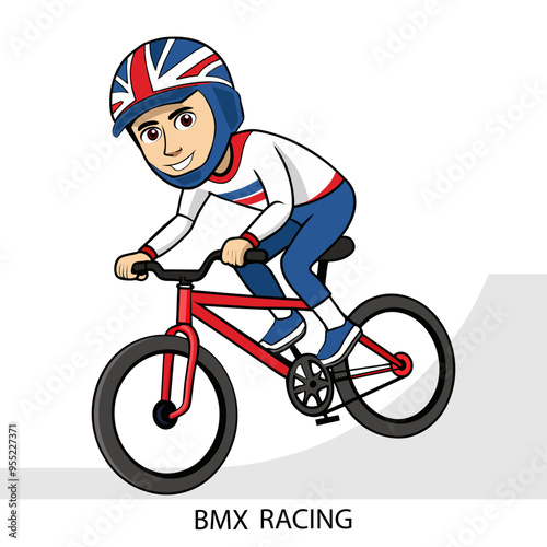 BMX racing athlete isolated on white background in cartoon style. Summer Games 2024. Vector illustration.