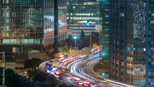 Photography Top view of busy traffic night in finance urban timelapse, hong kong city