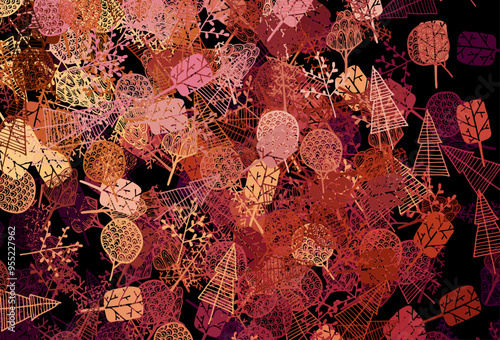 Dark Red, Yellow vector doodle layout with trees, branches.