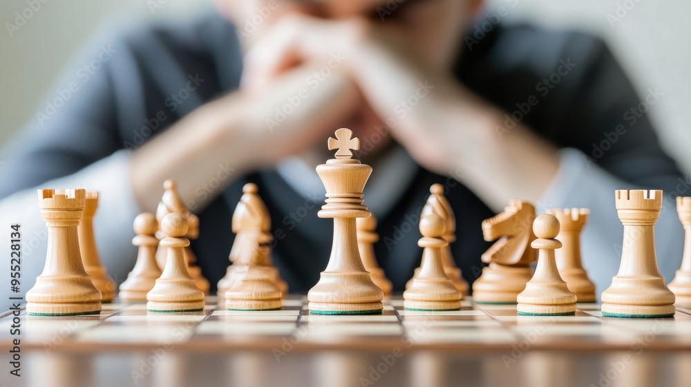A focused chess player contemplates his next move in a strategic game. The wooden pieces stand ready on the board. A focused chess player contemplates his next move in a strategic game. The wooden pieces stand ready on the board.