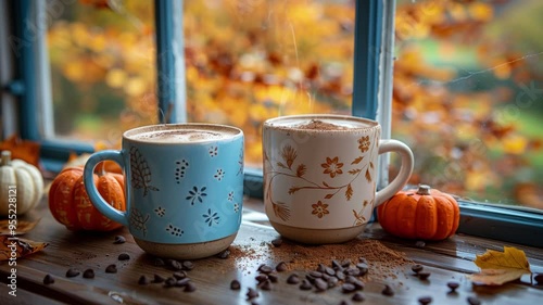 Seamless loop of cozy steaming cups of coffee, cocoa, fall, autumn, Halloween, cozy late summer scenery, illustration, 4K, 16:9, video background
