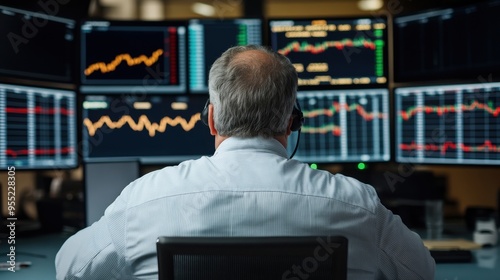 A focused trader analyzes multiple screens displaying fluctuating financial data and charts in a modern trading room.