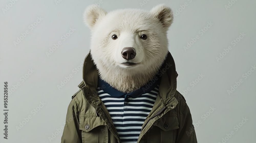Smiling Polar Bear Wearing Striped Jacket in Arctic Landscape Smiling Polar Bear Wearing Striped Jacket in Arctic Landscape