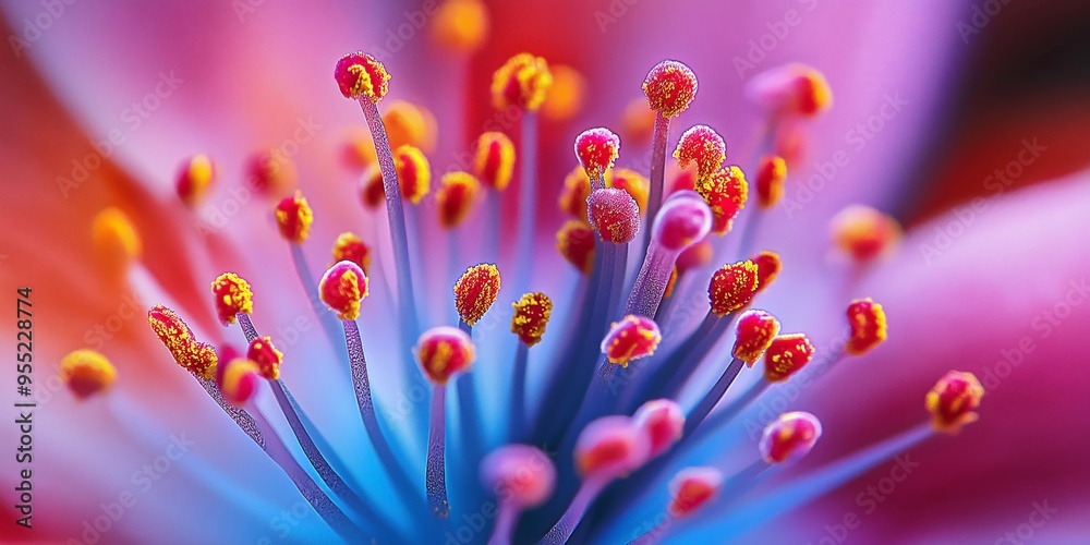 Fototapeta premium Abstract macro image of colorful, flower-like structures with a vibrant blend of blue and purple hues, delicate yellow and red tips, blurred background, selective focus