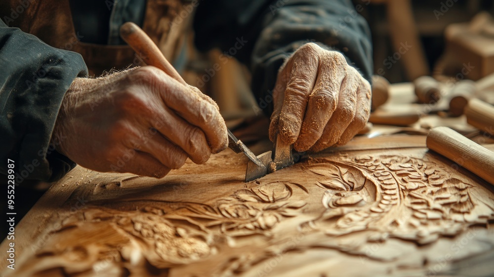 Tools for carving wood. Craftsmen's hands employ a chisel. Senior professional woodcarver at work. Man using a tool for woodcarving.
Tools for carving wood. Craftsmen's hands employ a chisel. Senior professional woodcarver at work. Man using a tool for woodcarving.