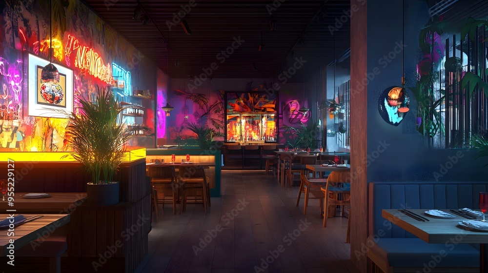 A restaurant showcasing dynamic themes and vibrant 3D-rendered decor A restaurant showcasing dynamic themes and vibrant 3D-rendered decor