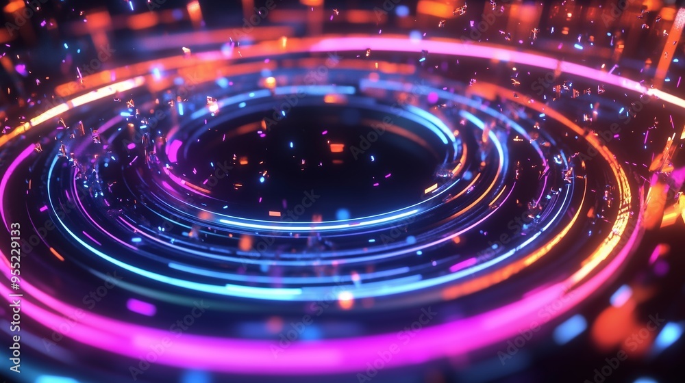 3D rendering of a data visualization background featuring abstract digital particles and futuristic circular rings on a dark black background. The glowing light effect, along with colorful laser spark 3D rendering of a data visualization background featuring abstract digital particles and futuristic circular rings on a dark black background. The glowing light effect, along with colorful laser spark