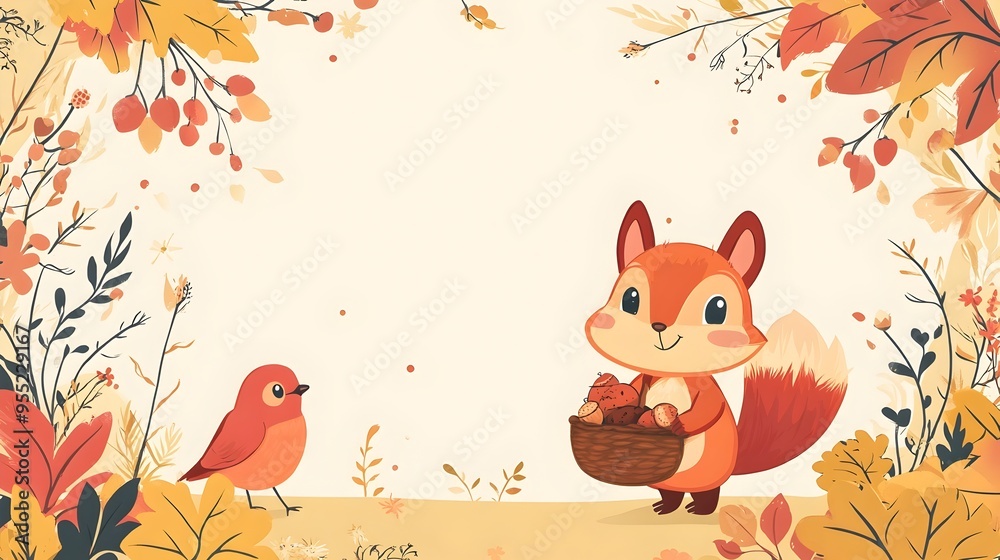 Cute Squirrel and Bird Gather Autumn Acorns and Berries in Forest Cute Squirrel and Bird Gather Autumn Acorns and Berries in Forest