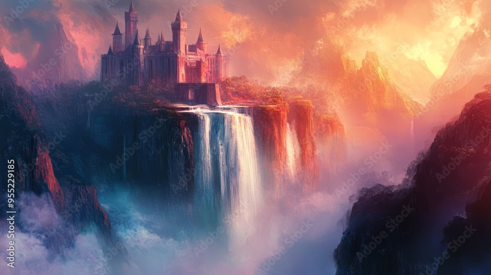 Ethereal Castle: Fantasy Landscape with Waterfall and Mist