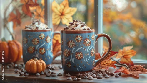 Seamless loop of cozy steaming cups of coffee, cocoa, fall, autumn, Halloween, cozy late summer scenery, illustration, 4K, 16:9, video background