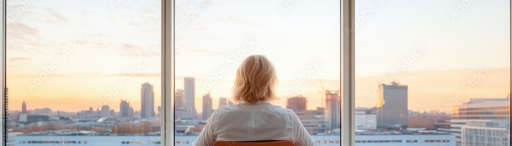 A person gazes out of a large window, admiring a stunning sunset view over a city skyline, evoking feelings of peace and reflection. A person gazes out of a large window, admiring a stunning sunset view over a city skyline, evoking feelings of peace and reflection.