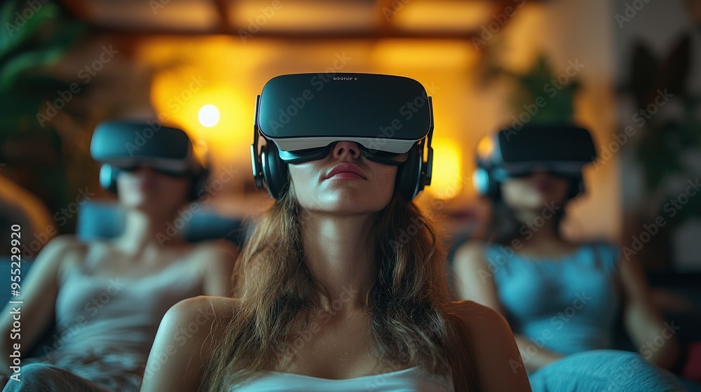 Users immerse themselves in virtual reality at home. Image of several people in VR headsets. Users immerse themselves in virtual reality at home. Image of several people in VR headsets.