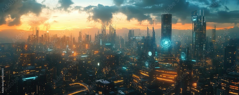 AI cityscape, innovative technology, futuristic infrastructure, holographic society AI cityscape, innovative technology, futuristic infrastructure, holographic society