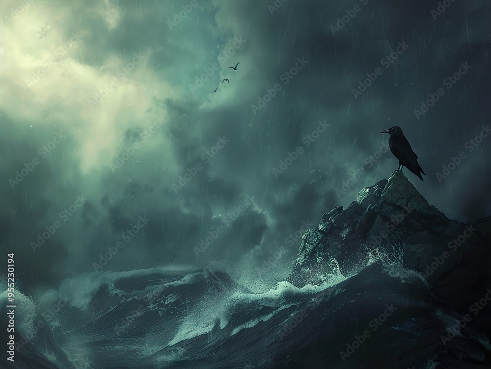 A lone crow perched on a rocky outcrop amidst a stormy sea, a dramatic and moody scene. A lone crow perched on a rocky outcrop amidst a stormy sea, a dramatic and moody scene.
