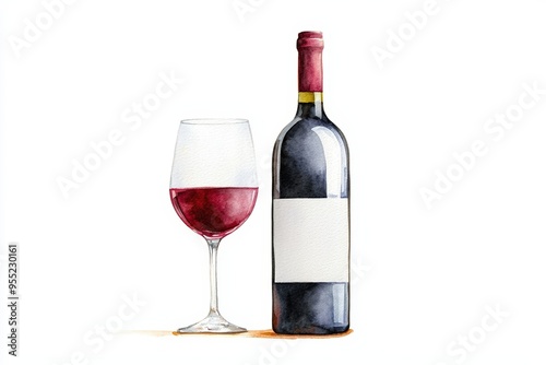 A beautiful watercolor illustration of a wine bottle and glass, perfect for conveying elegance and sophistication in wine-related themes.