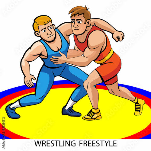 Freestyle wrestling athletes isolated on white background in cartoon style. Vector illustration.