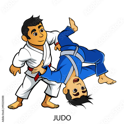 Two judo athletes isolated on white background in cartoon style. Summer Games 2024. Vector illustration.