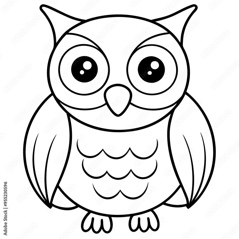 Line art of a friendly owl face with big round eyes and tiny beak Line art of a friendly owl face with big round eyes and tiny beak