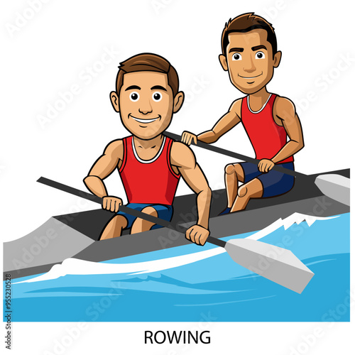 Athletes rowers isolated on white background in cartoon style. Vector illustration.