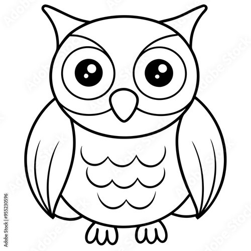 Line art of a friendly owl face with big round eyes and tiny beak photo