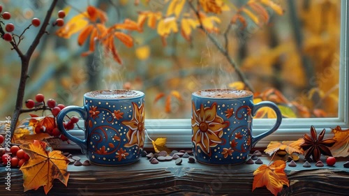 Seamless loop of cozy steaming cups of coffee, cocoa, fall, autumn, Halloween, cozy late summer scenery, illustration, 4K, 16:9, video background