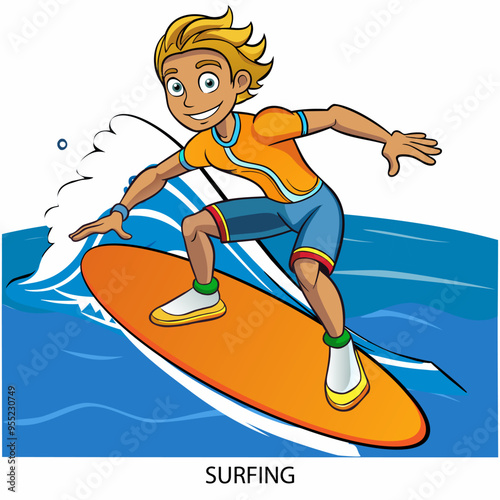 Surfing athlete isolated on white background in cartoon style. Summer Games 2024. Vector illustration.