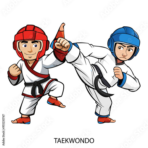 Two tekwondo athletes  isolated on white background in cartoon style. Summer Games 2024. Vector illustration. photo