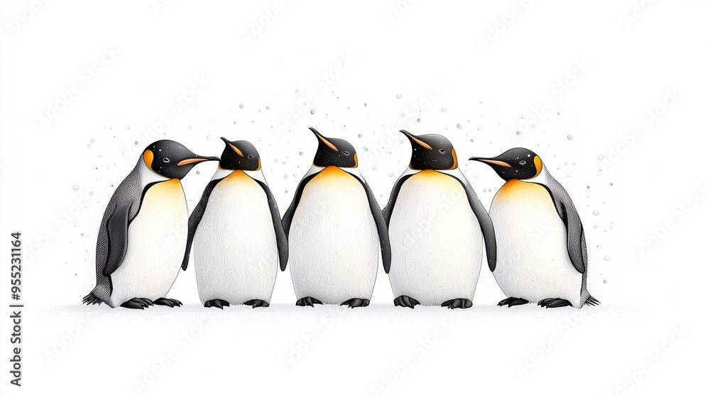 Fototapeta premium A charming group of five penguins standing together in a snowy landscape, showcasing their playful nature and unique features.