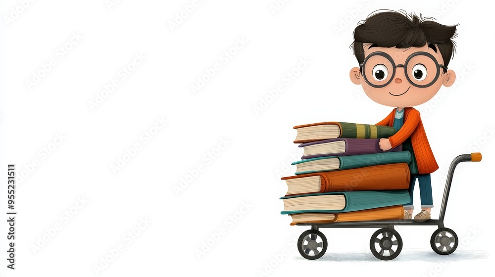 A cheerful boy pushes a cart loaded with colorful books, embodying a love for reading and learning in a playful design. A cheerful boy pushes a cart loaded with colorful books, embodying a love for reading and learning in a playful design.