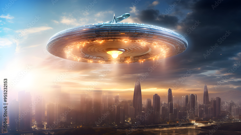 Illuminated Futuristic City with Alien Spaceships Hovering at Night Illuminated Futuristic City with Alien Spaceships Hovering at Night