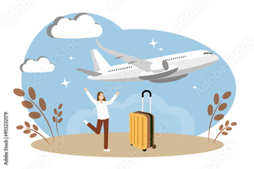 The concept of traveling and flying by plane. The woman is happy about the vacation. Yellow suitcase